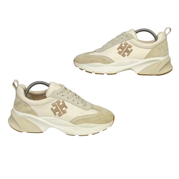 Tory Burch Women's Good Luck Athletic Sneakers SZ 8 Low Top Platform Shoes Beige - Picture 3 of 11
